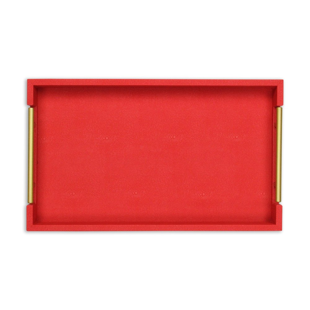 16" Red Wood and Vinyl Faux Shagreen Handmade Serving Tray With Handles HomeRoots
