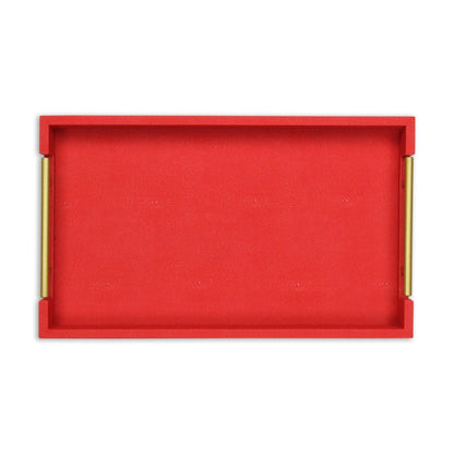 16" Red Wood and Vinyl Faux Shagreen Handmade Serving Tray With Handles HomeRoots