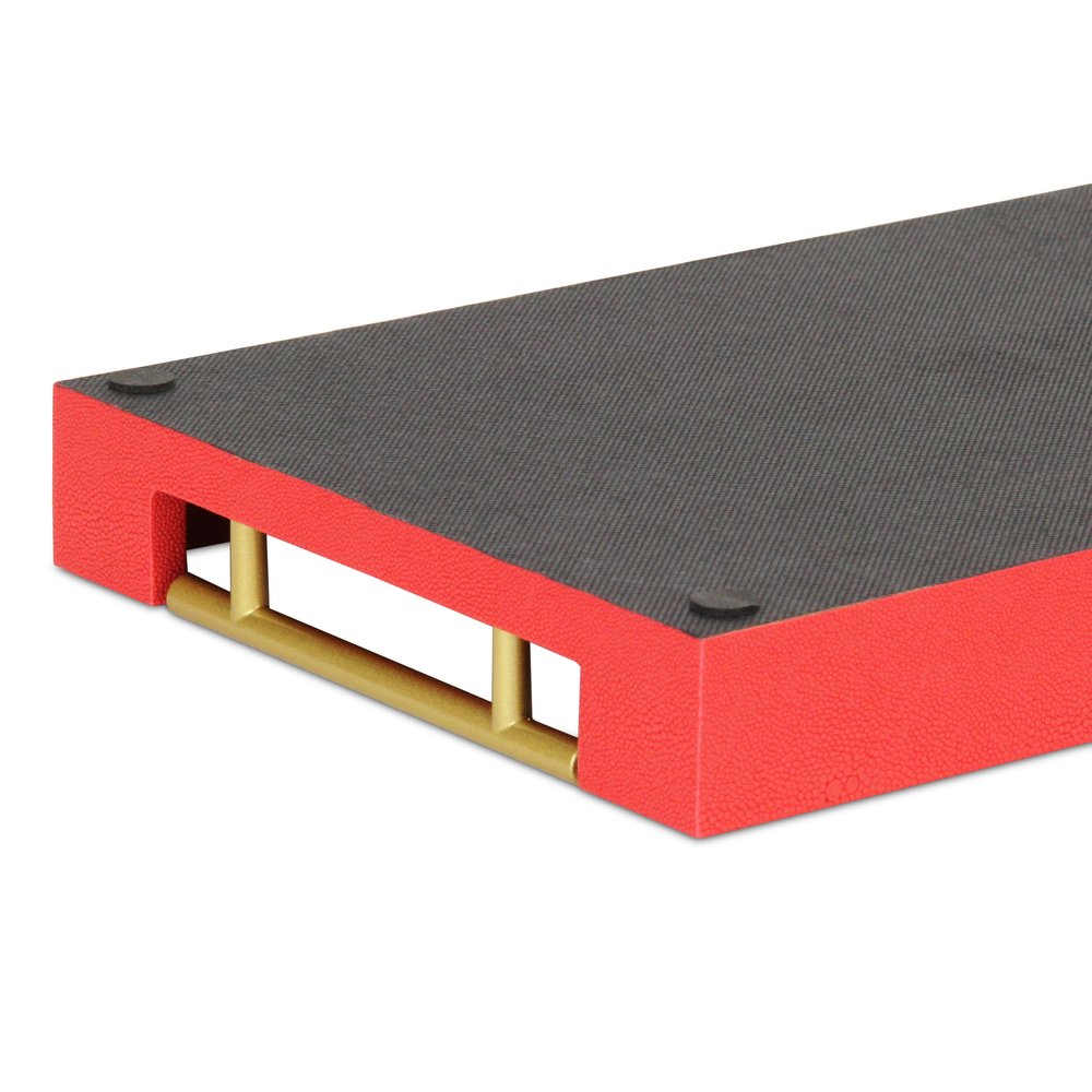 16" Red Wood and Vinyl Faux Shagreen Handmade Serving Tray With Handles HomeRoots