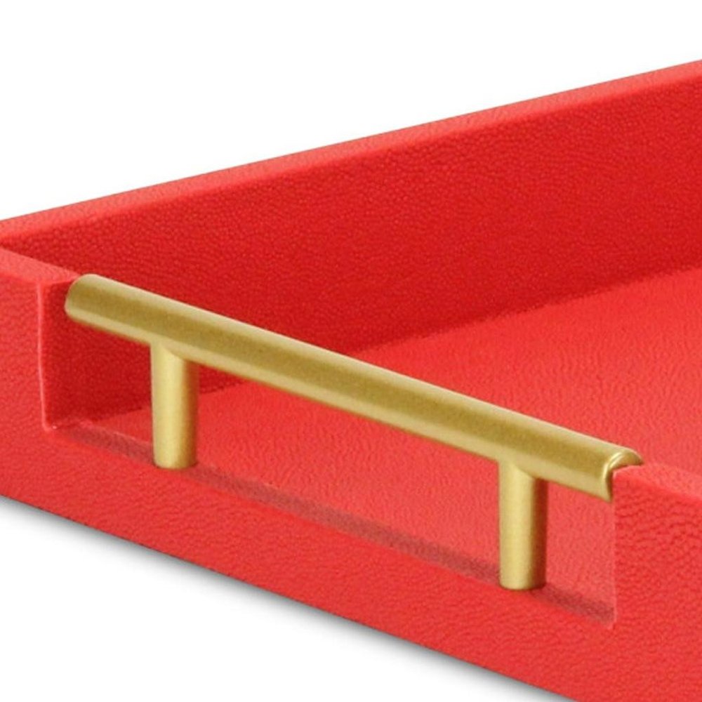16" Red Wood and Vinyl Faux Shagreen Handmade Serving Tray With Handles HomeRoots