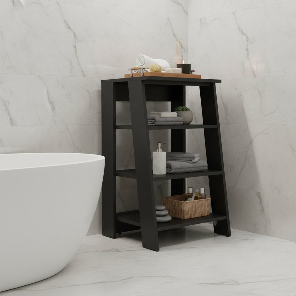 17" Black Wood Freestanding Bathroom Shelf HomeRoots