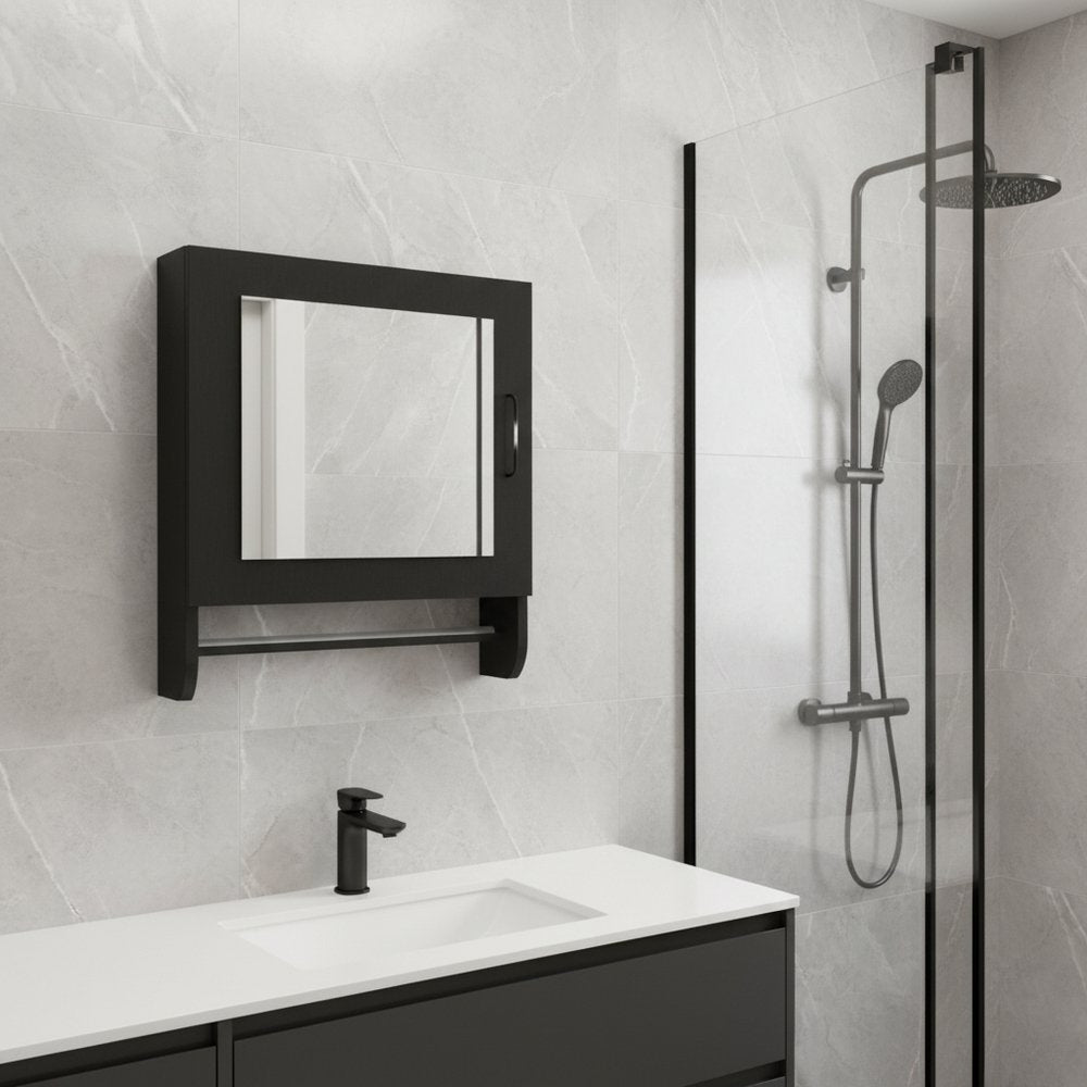 18" Black Wood, Metal Floating Bathroom Vanity And Medicine Cabinet With Mirror HomeRoots