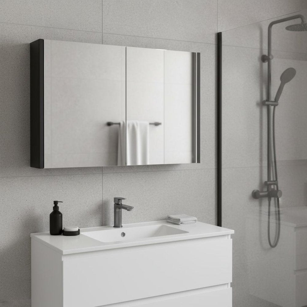 32" Black Wood Floating Bathroom Vanity And Medicine Cabinet With Mirror — view 6
