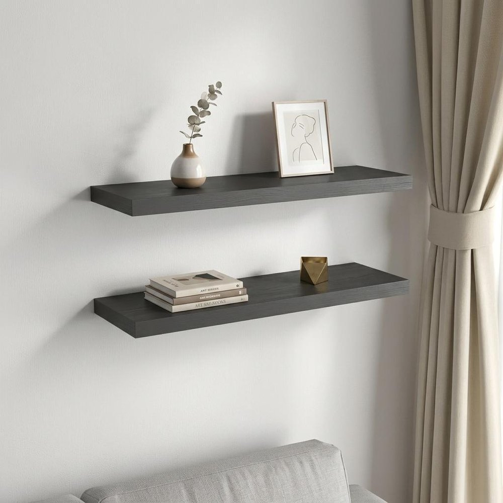 32" Set Of Two Dark Gray Wood Wall Mounted Floating Shelves HomeRoots