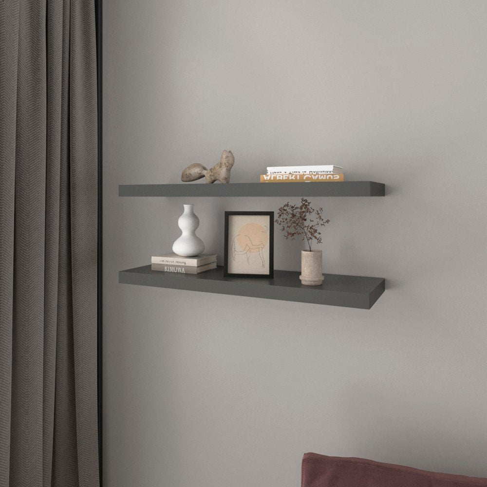 32" Set Of Two Dark Gray Wood Wall Mounted Floating Shelves HomeRoots