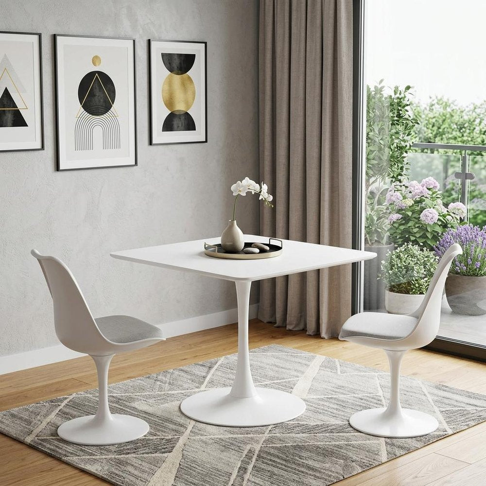 36" White Wood and Steel Pedestal Base Square Dining Table HomeRoots