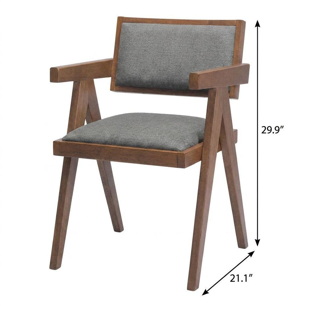 Set of Two Gray And Walnut Upholstery And Solid Wood Open Back Dining Arm Chairs HomeRoots
