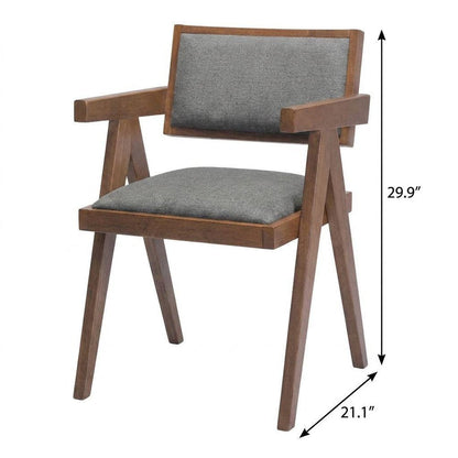 Set of Two Gray And Walnut Upholstery And Solid Wood Open Back Dining Arm Chairs HomeRoots
