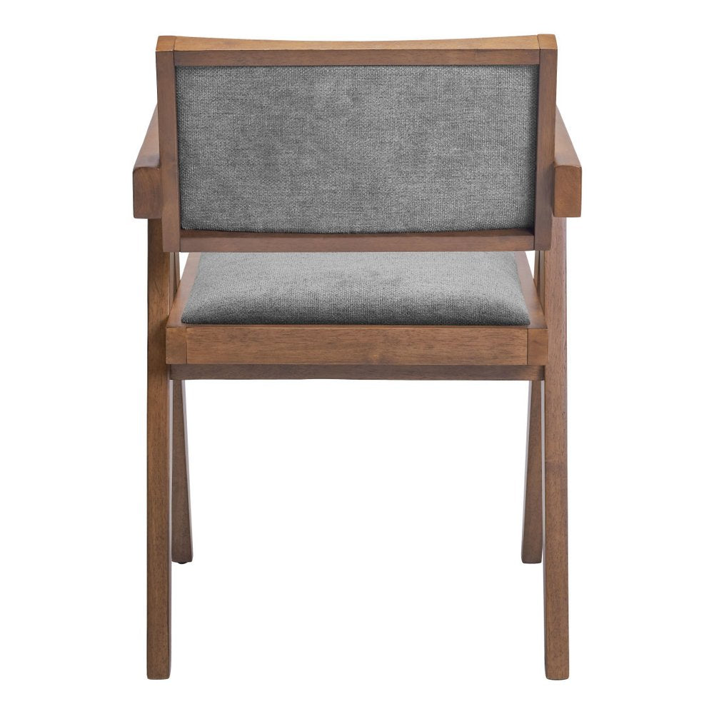 Set of Two Gray And Walnut Upholstery And Solid Wood Open Back Dining Arm Chairs HomeRoots