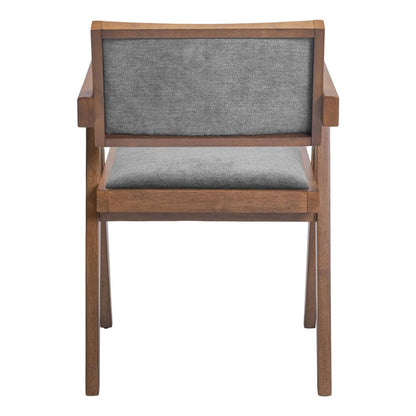 Set of Two Gray And Walnut Upholstery And Solid Wood Open Back Dining Arm Chairs HomeRoots