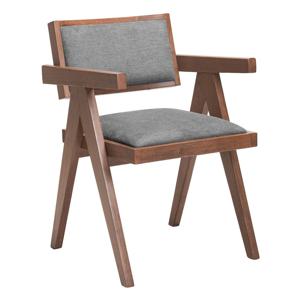 Set of Two Gray And Walnut Upholstery And Solid Wood Open Back Dining Arm Chairs HomeRoots