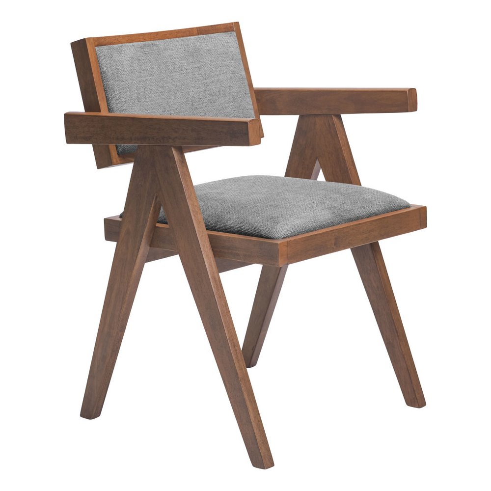 Set of Two Gray And Walnut Upholstery And Solid Wood Open Back Dining Arm Chairs HomeRoots