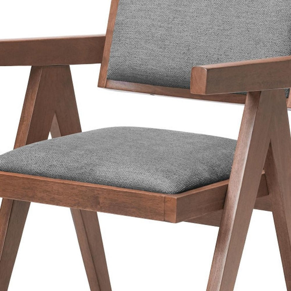Set of Two Gray And Walnut Upholstery And Solid Wood Open Back Dining Arm Chairs — view 9