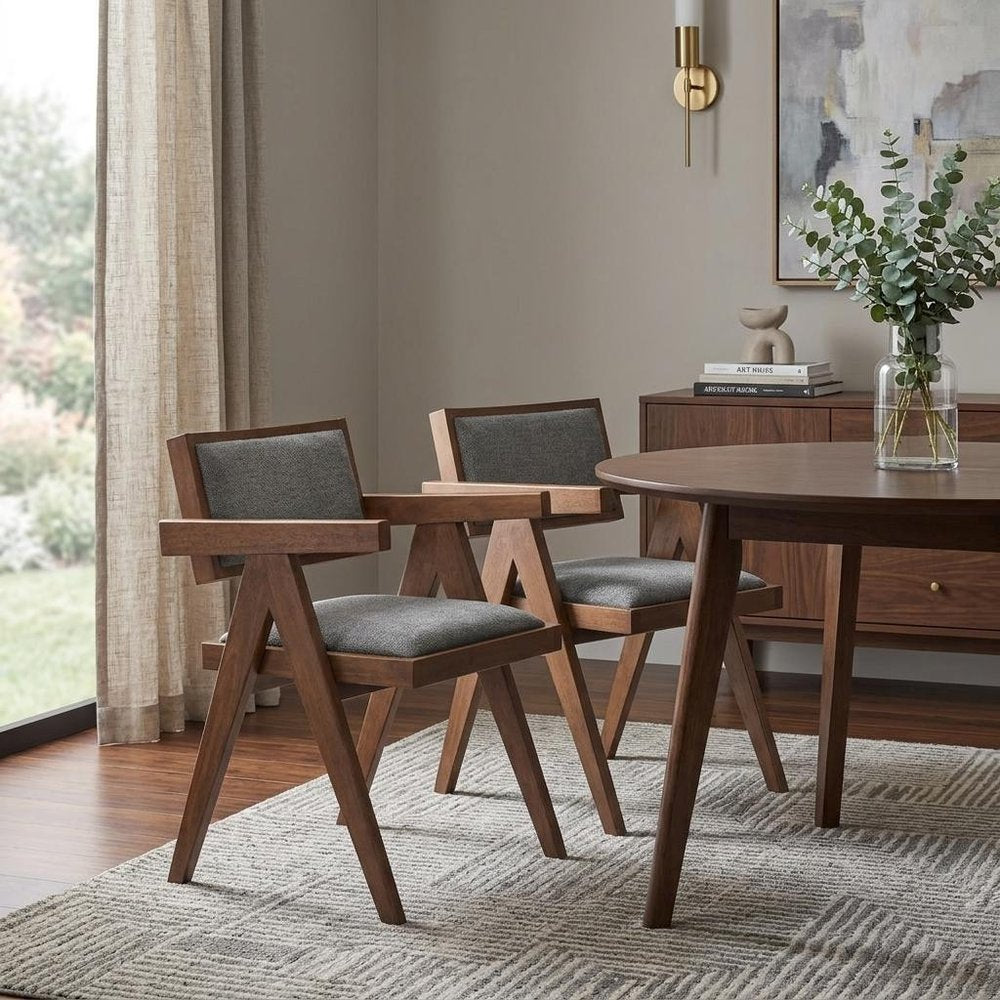Set of Two Gray And Walnut Upholstery And Solid Wood Open Back Dining Arm Chairs — view 10