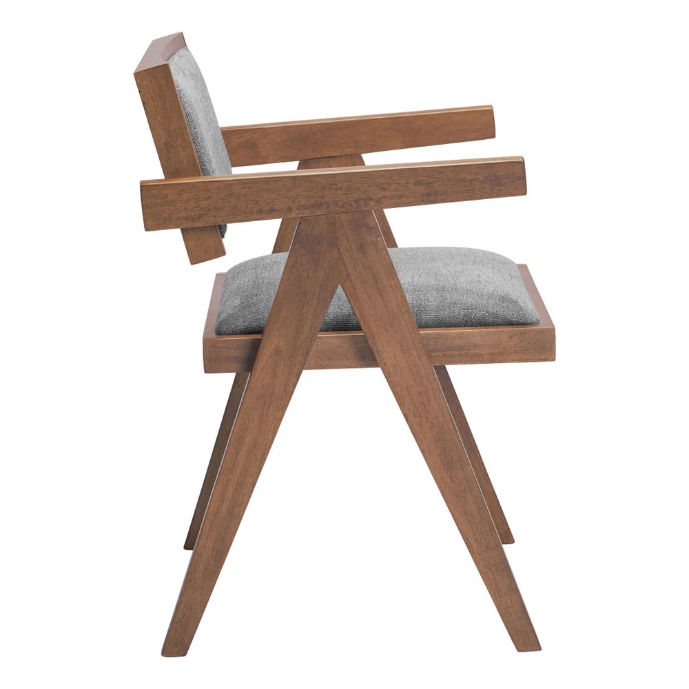 Set of Two Gray And Walnut Upholstery And Solid Wood Open Back Dining Arm Chairs — view 4
