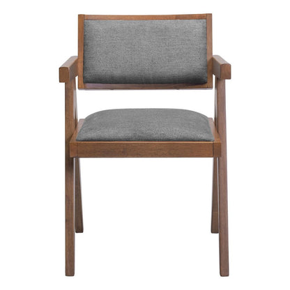 Set of Two Gray And Walnut Upholstery And Solid Wood Open Back Dining Arm Chairs HomeRoots