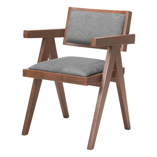 Set of Two Gray And Walnut Upholstery And Solid Wood Open Back Dining Arm Chairs
