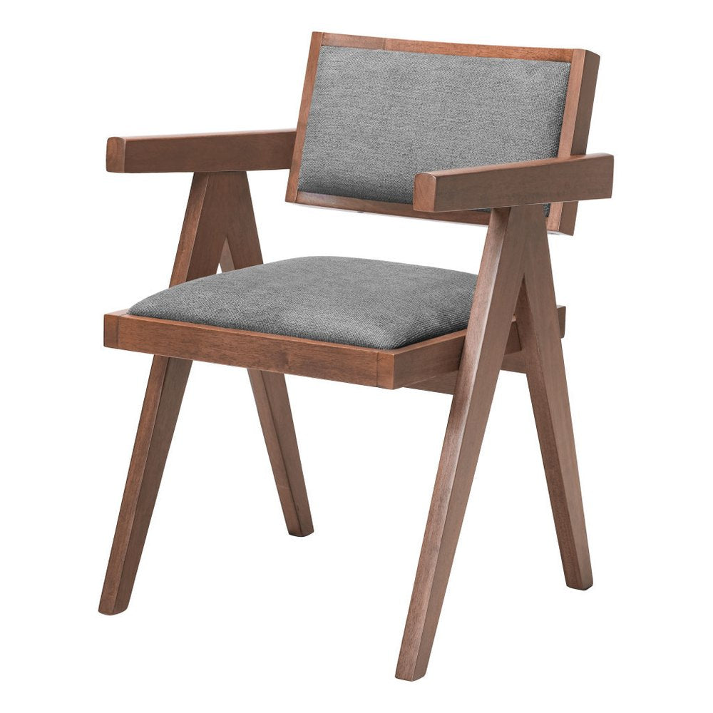 Set of Two Gray And Walnut Upholstery And Solid Wood Open Back Dining Arm Chairs HomeRoots