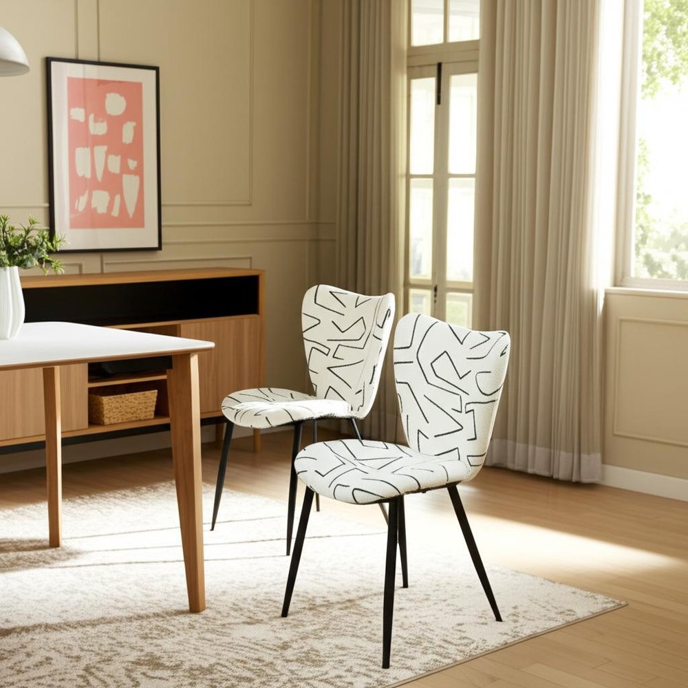 Set of Two White and Black Upholstered Faux Shearling Dining Side Chairs HomeRoots