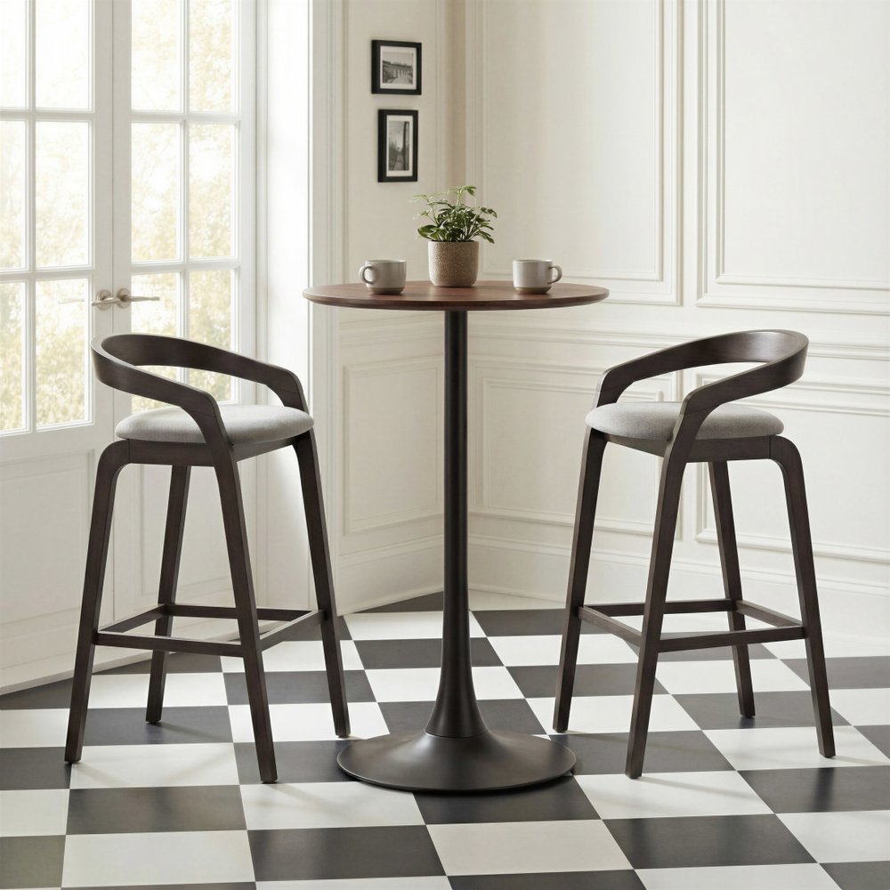 Set of Two 31" Gray and Espresso Fabric and Solid Wood Low Back Bar Height Bar Chairs HomeRoots