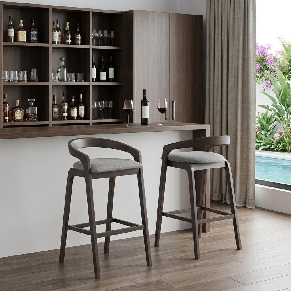 Set of Two 31" Gray And Espresso Fabric And Solid Wood Low Back Bar Height Bar Chairs HomeRoots