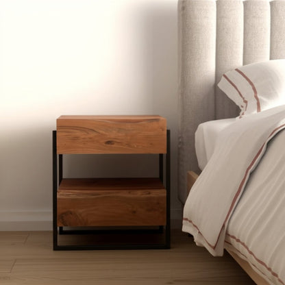28" Black And Brown Iron and Solid Wood Live Edge Two Drawer Nightstand HomeRoots