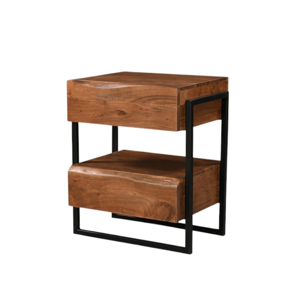 28" Black And Brown Iron and Solid Wood Live Edge Two Drawer Nightstand HomeRoots