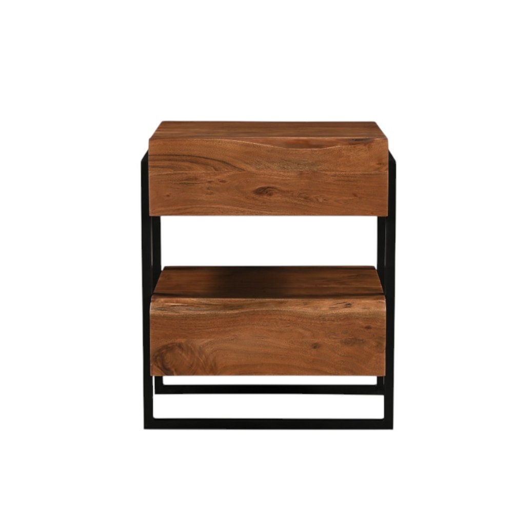 28" Black And Brown Iron and Solid Wood Live Edge Two Drawer Nightstand — view 2