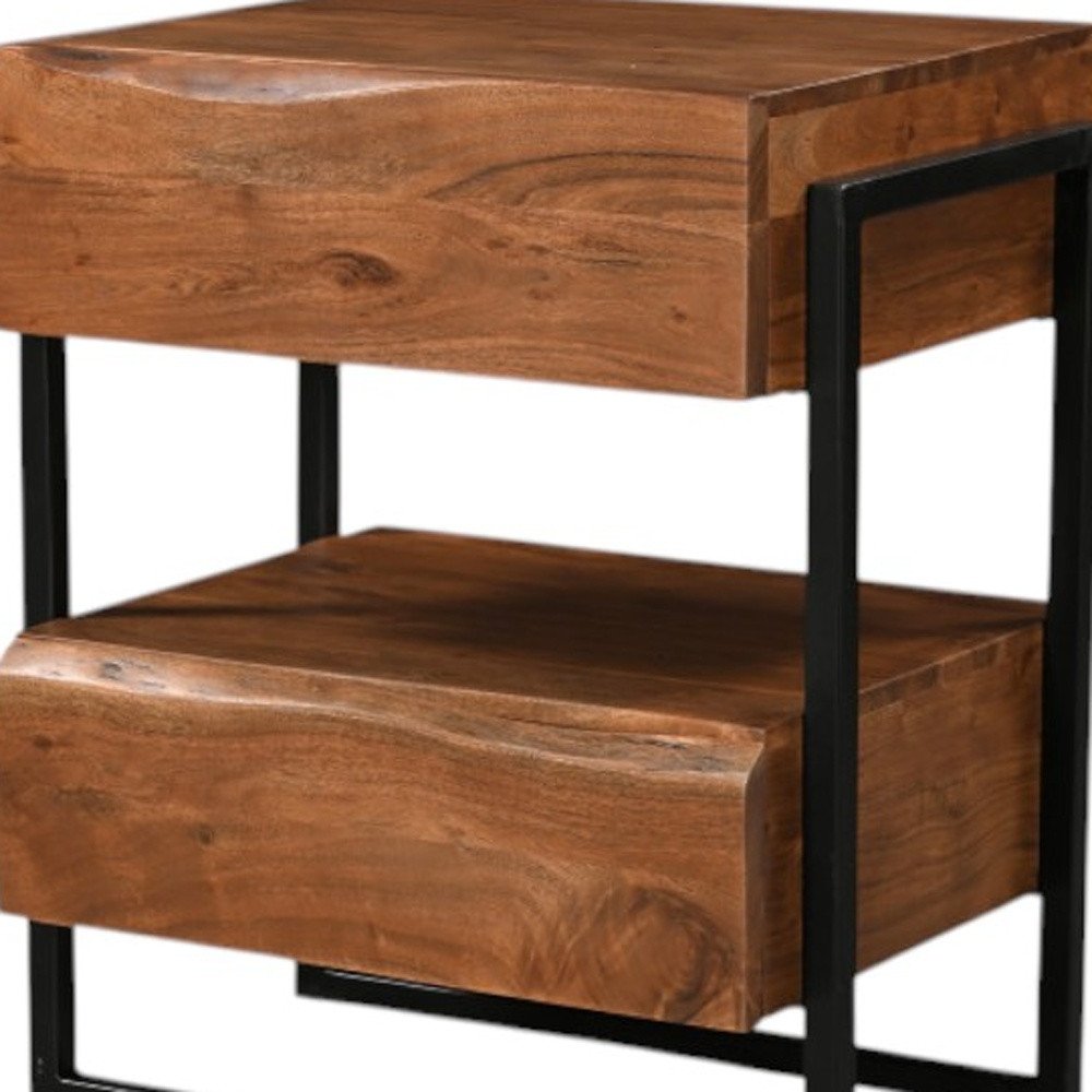 28" Black And Brown Iron and Solid Wood Live Edge Two Drawer Nightstand HomeRoots