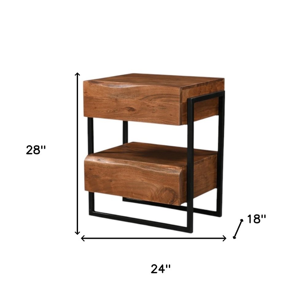 28" Black And Brown Iron and Solid Wood Live Edge Two Drawer Nightstand — view 8