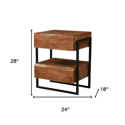 28" Black And Brown Iron and Solid Wood Live Edge Two Drawer Nightstand HomeRoots