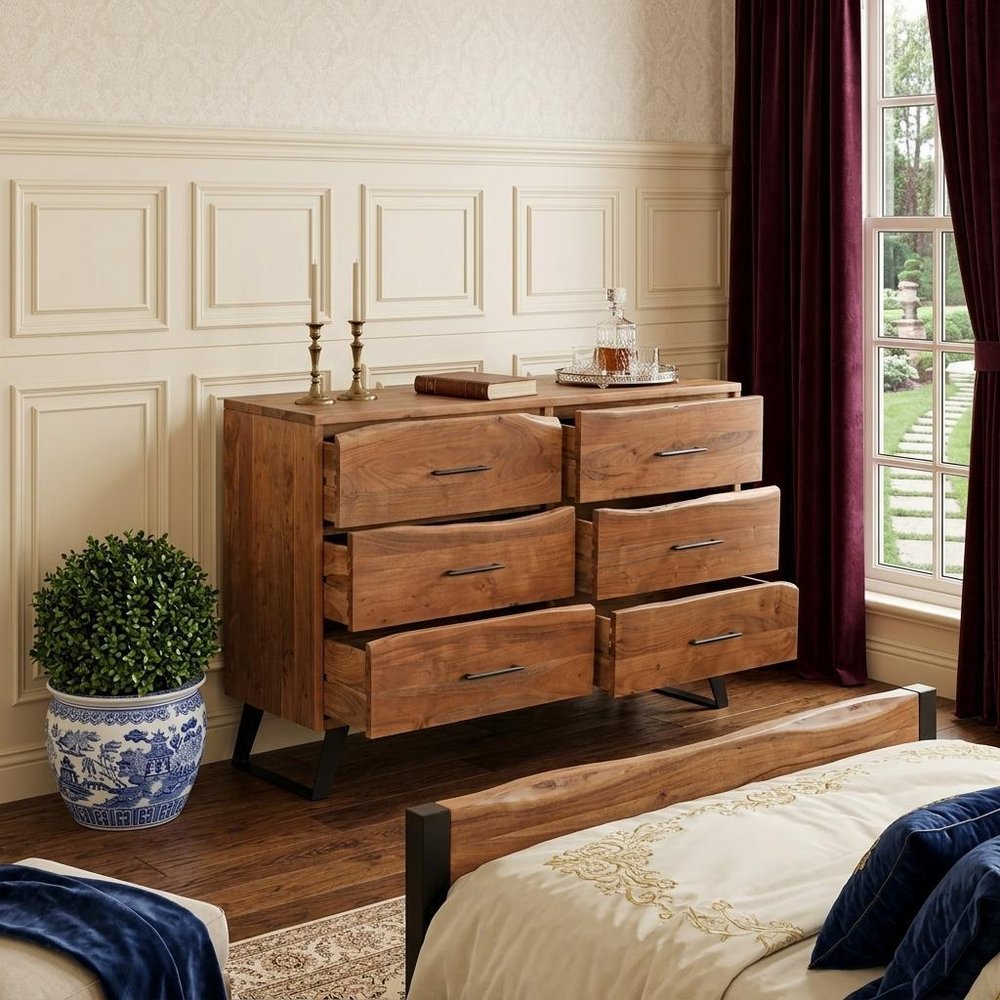 60" Natural Live Edge Solid Wood Six Drawer Double Dresser HomeRoots