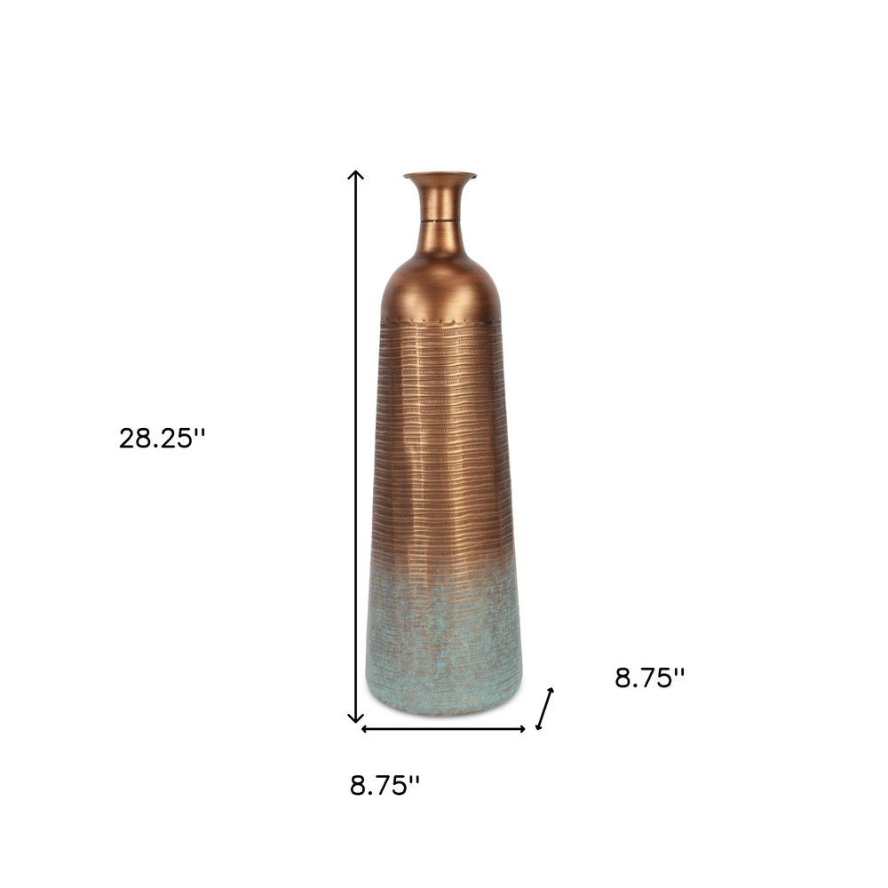 28" Copper And Teal Abstract Tapered Metal Floor Vase HomeRoots