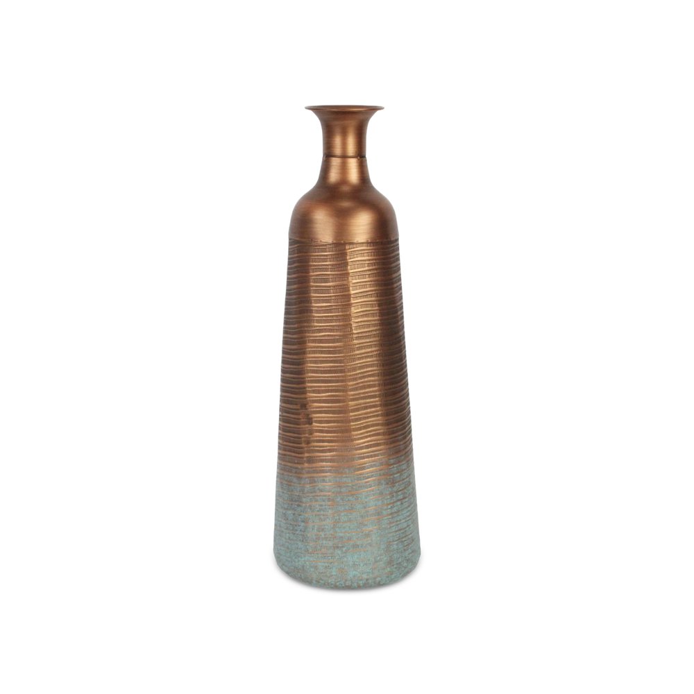 24" Copper And Teal Abstract Tapered Metal Table Vase — view 1