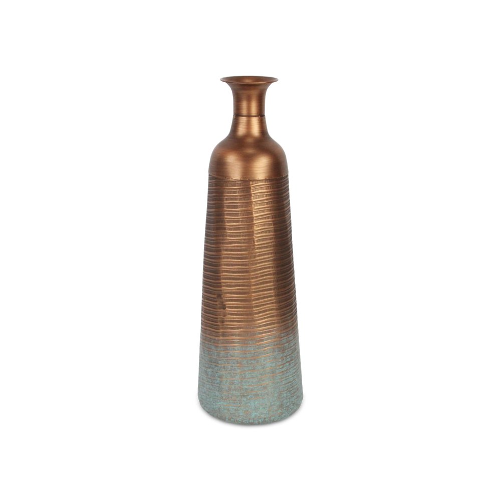 24" Copper And Teal Abstract Tapered Metal Table Vase HomeRoots