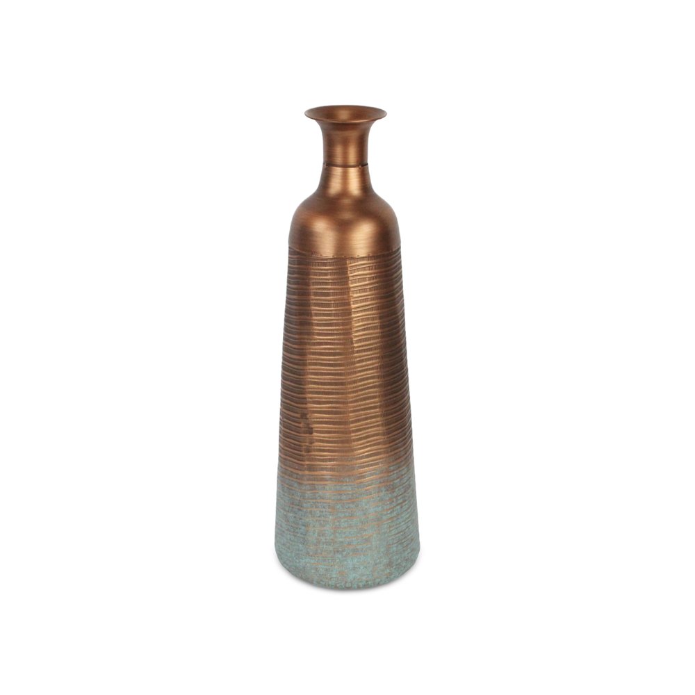 24" Copper And Teal Abstract Tapered Metal Table Vase — view 3