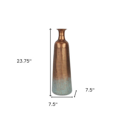 24" Copper And Teal Abstract Tapered Metal Table Vase