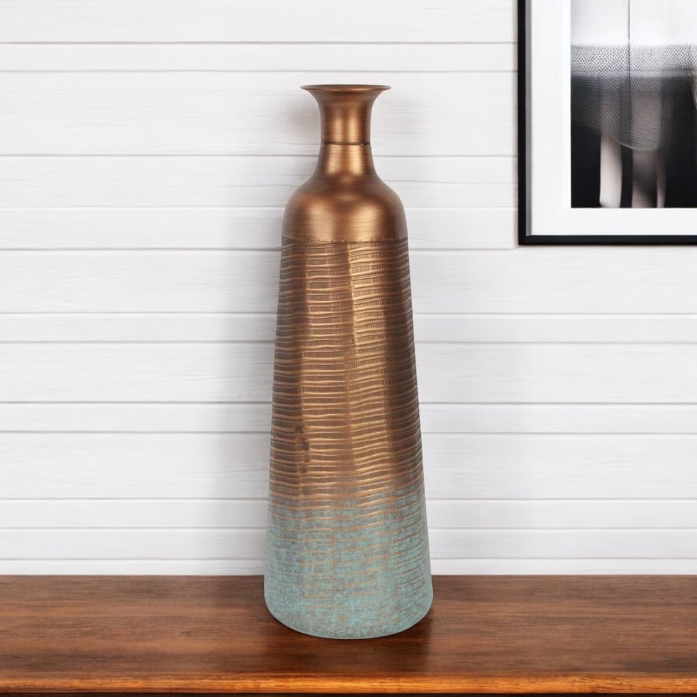 24" Copper And Teal Abstract Tapered Metal Table Vase — view 7