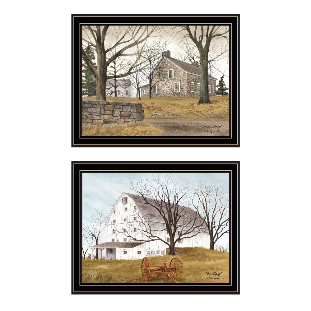 Set Of Two Stone Cottage Farmhouse and White Wooden Barn Black Framed Wall Art — view 1