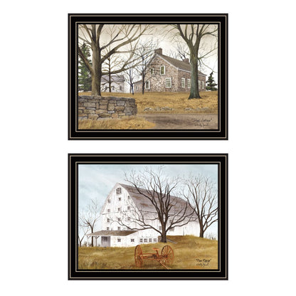Set Of Two Stone Cottage Farmhouse and White Wooden Barn Black Framed Wall Art HomeRoots