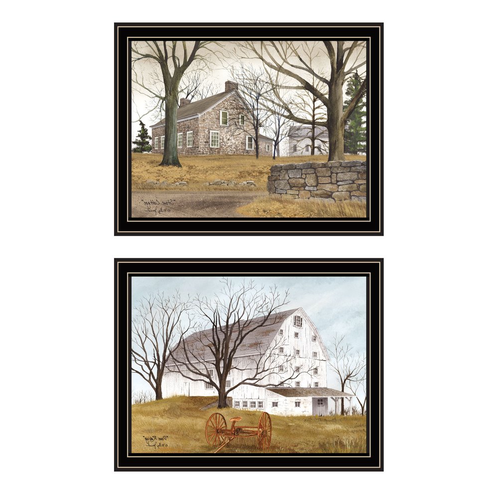 Set Of Two Stone Cottage Farmhouse and White Wooden Barn Black Framed Wall Art HomeRoots