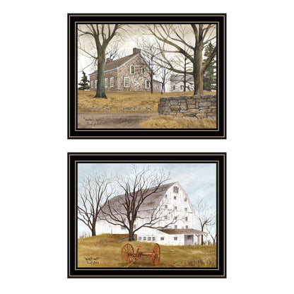 Set Of Two Stone Cottage Farmhouse and White Wooden Barn Black Framed Wall Art HomeRoots