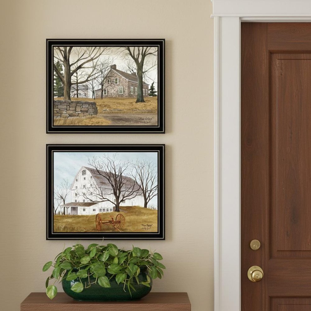 Set Of Two Stone Cottage Farmhouse and White Wooden Barn Black Framed Wall Art — view 4