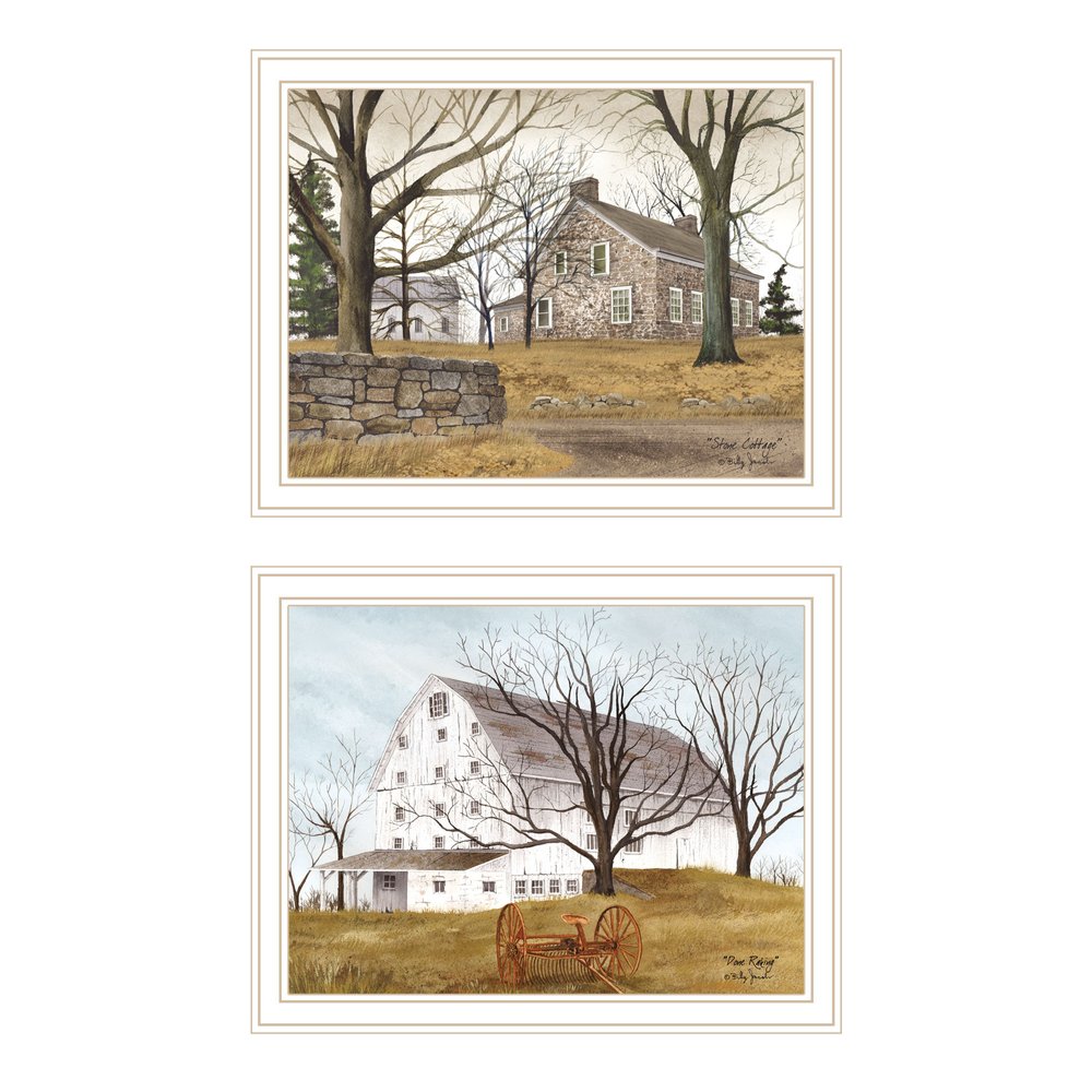 Set Of Two Stone Cottage Farmhouse and White Wooden Barn White Framed Wall Art — view 1