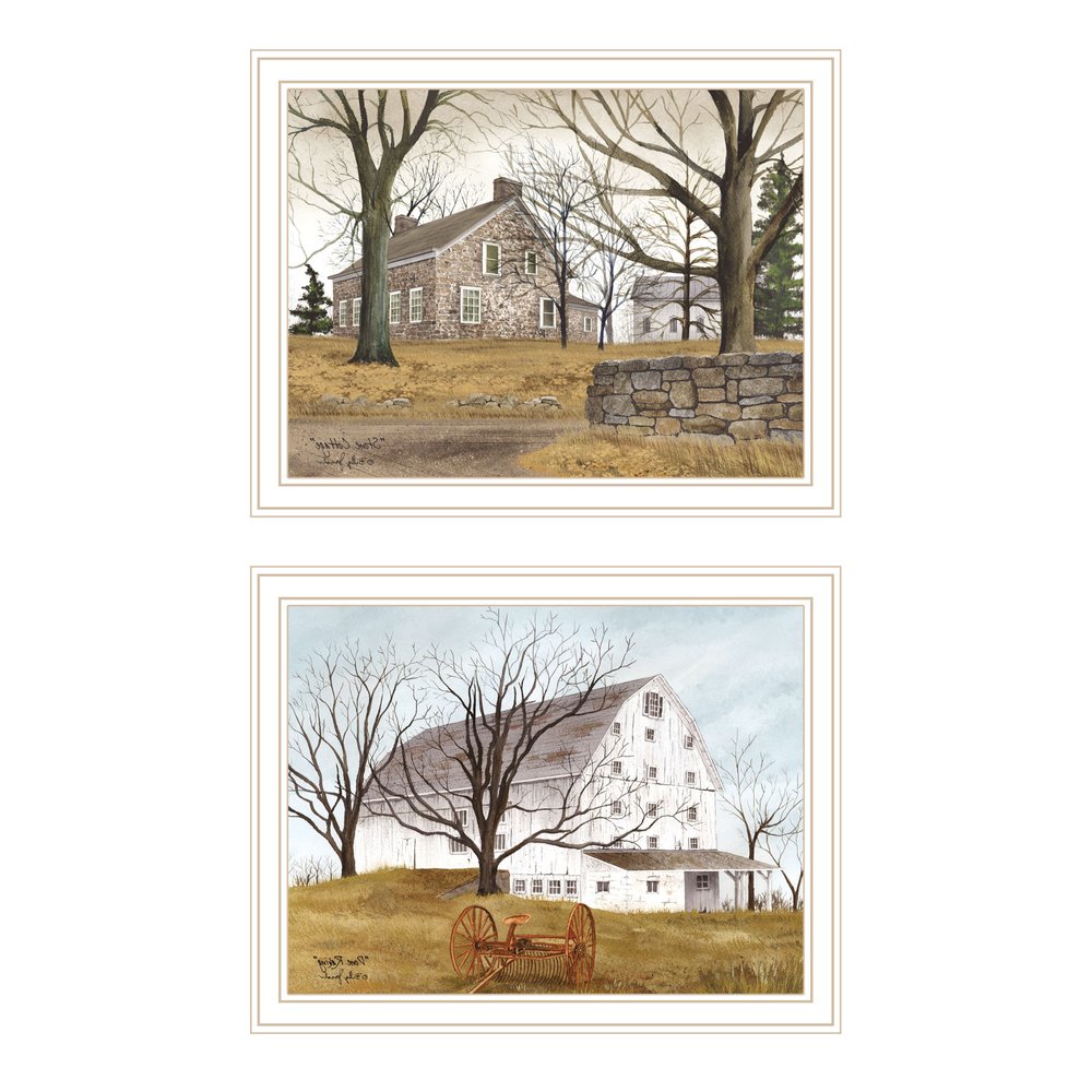 Set Of Two Stone Cottage Farmhouse and White Wooden Barn White Framed Wall Art HomeRoots