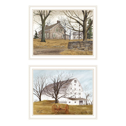 Set Of Two Stone Cottage Farmhouse and White Wooden Barn White Framed Wall Art HomeRoots