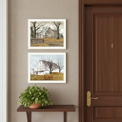 Set Of Two Stone Cottage Farmhouse and White Wooden Barn White Framed Wall Art HomeRoots