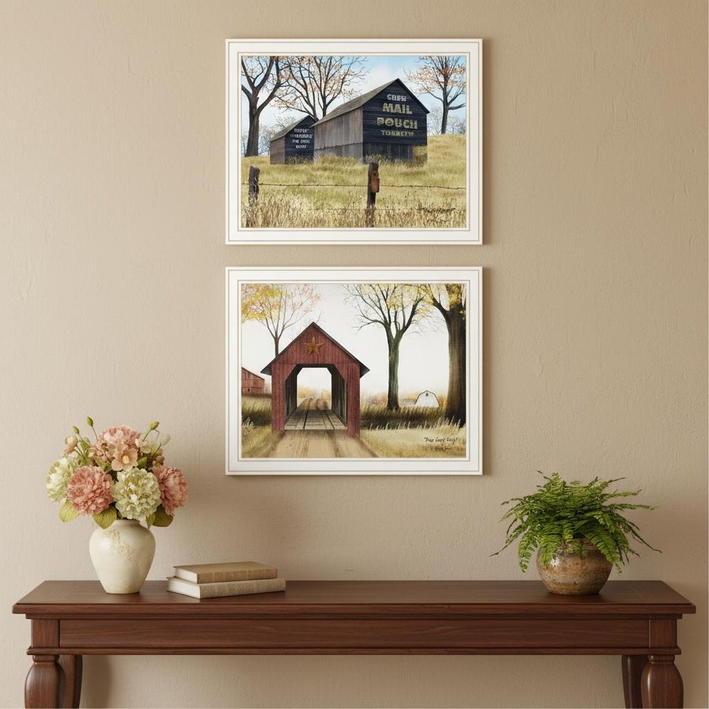 Set Of Two Mail Pouch Barn And Buck County Bridge White Framed Wall Art HomeRoots