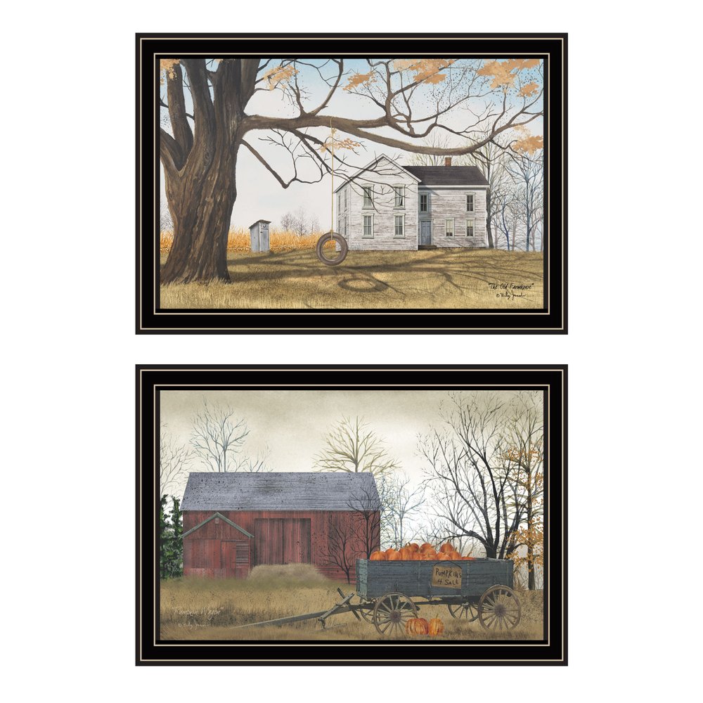 Set Of Two Farmhouse Barn And Pumpkin Wagon Black Framed Wall Art HomeRoots