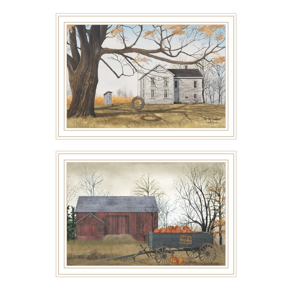 Set Of Two Farmhouse Barn And Pumpkin Wagon White Framed Wall Art — view 1